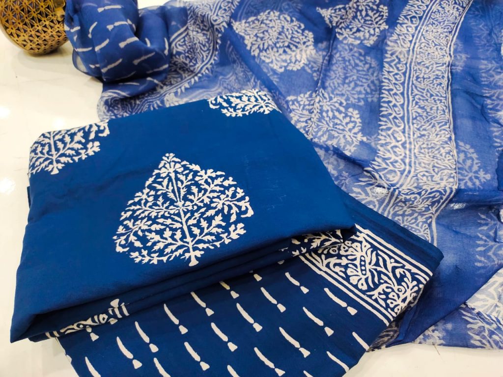 jaipuri Persian blue cotton salwar suit set with chiffon chunni