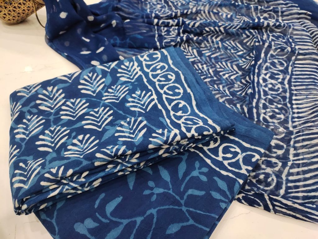 beautiful blue cotton salwar suit set with chiffon chunni