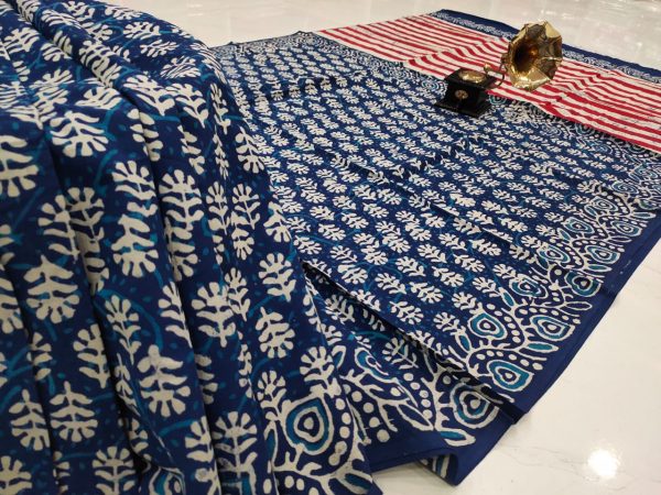 indigo blue cotton saree with blouse