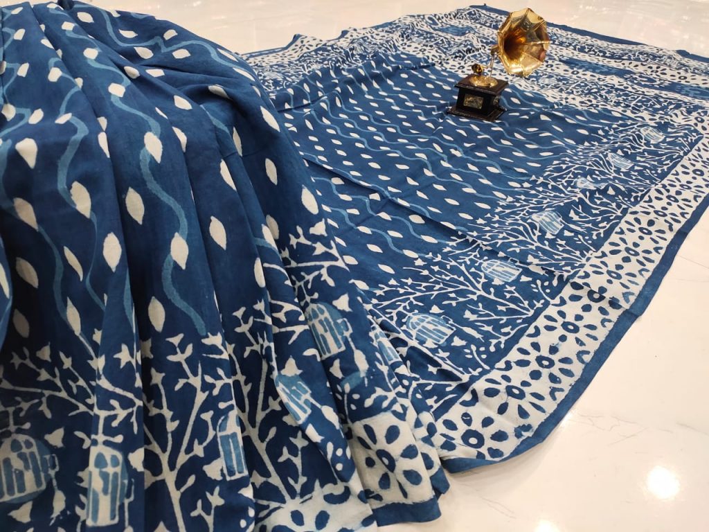 Indigo blue pure cotton mulmul saree for women