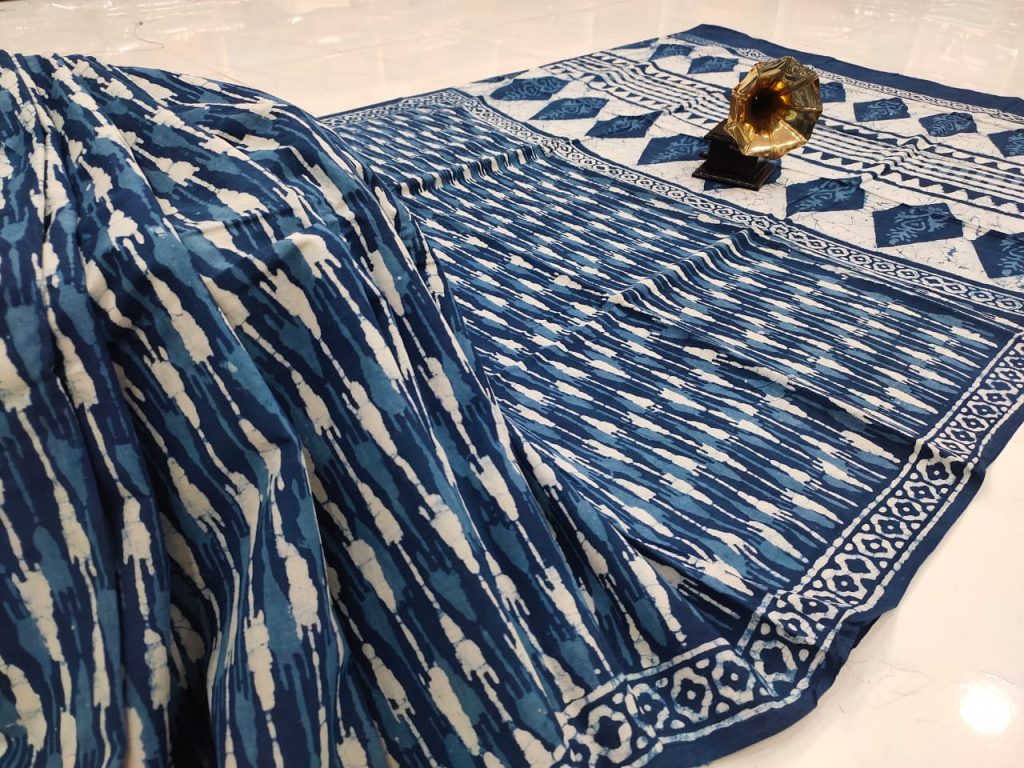 Exclusive Persian blue pure cotton mulmul saree with blouse
