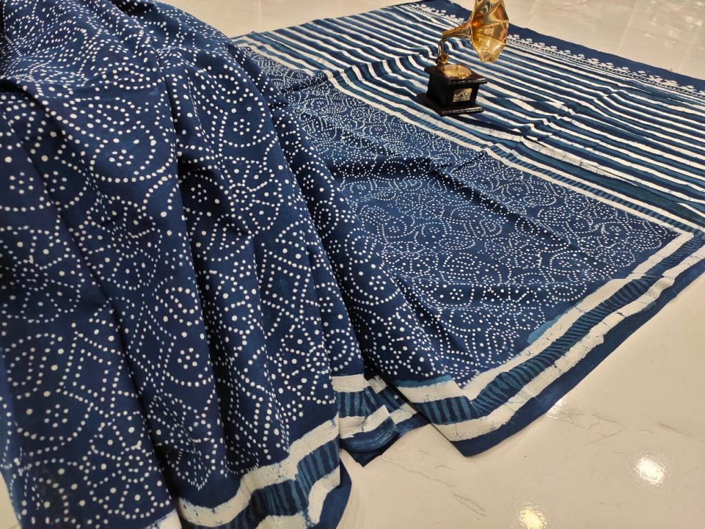 jaipuri Persian blue pure cotton mulmul saree with blouse