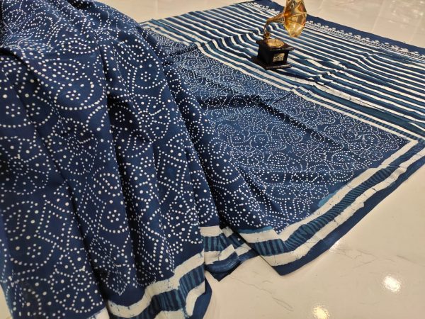 jaipuri Persian blue pure cotton mulmul saree with blouse
