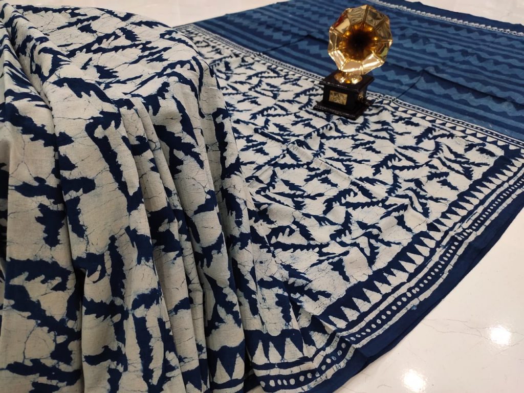Beautiful Persian blue pure cotton mulmul saree with blouse