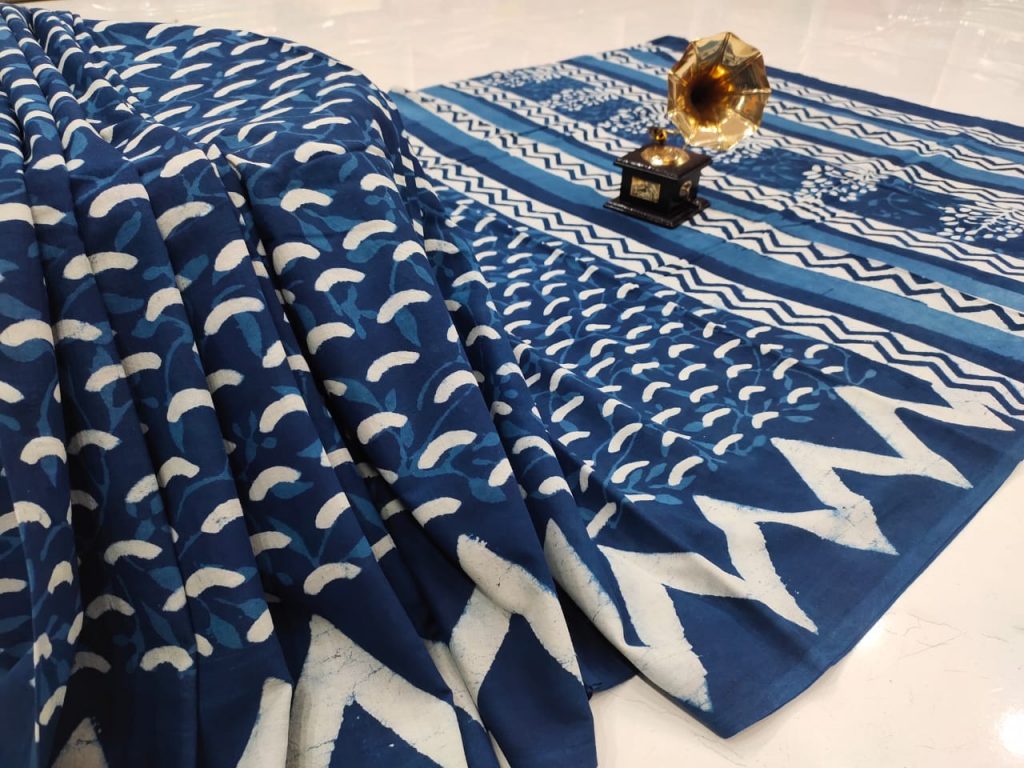 indigo blue pure cotton mulmul saree with blouse
