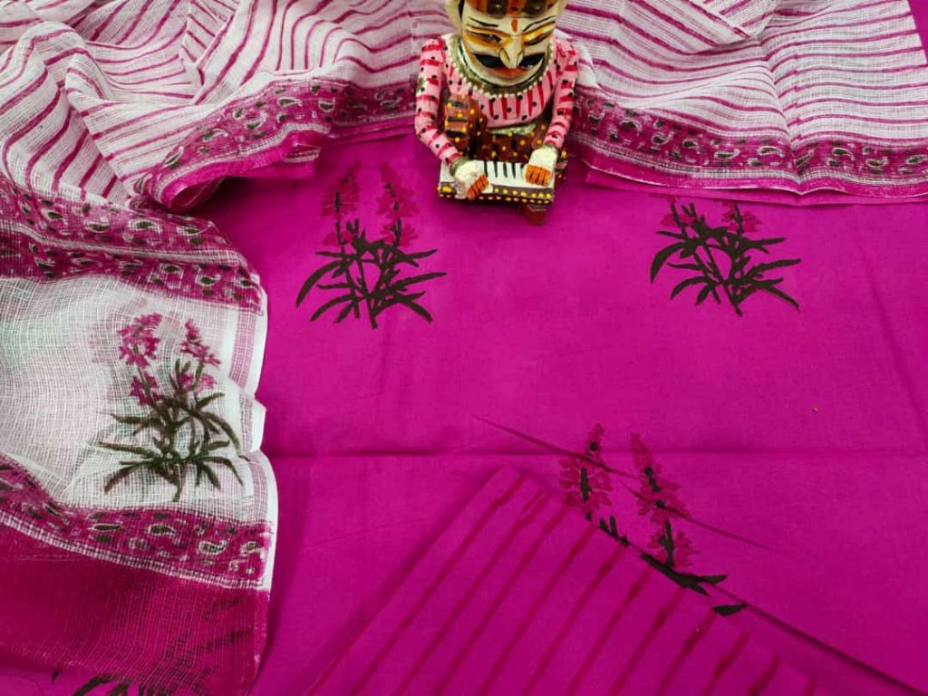 Magenta rose pure cotton suit with kota doria dupatta set