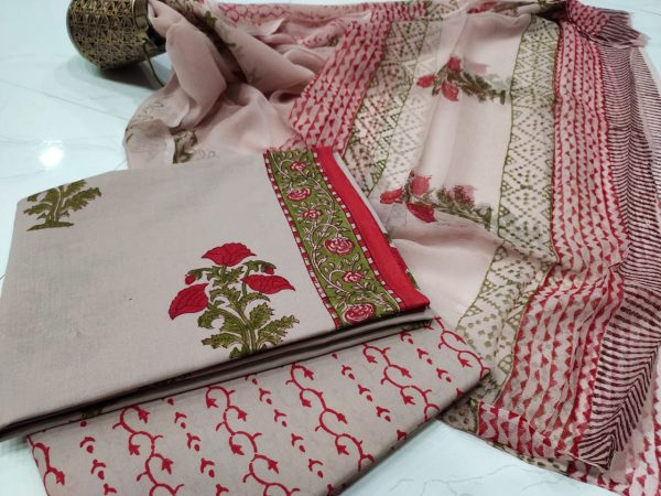 Tan floral mugal print Chiffon dupatta pure cotton salwar suit set