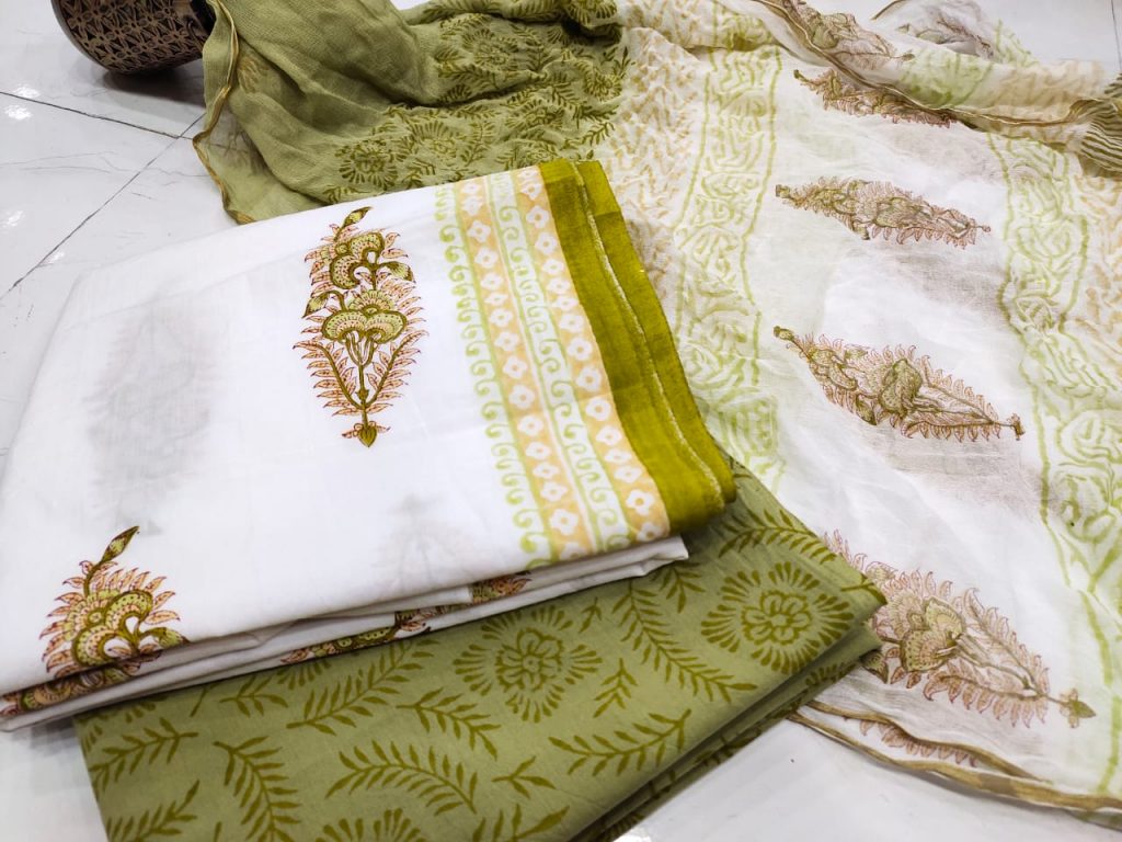 Olive and white mugal print zari border cotton chudidhar set
