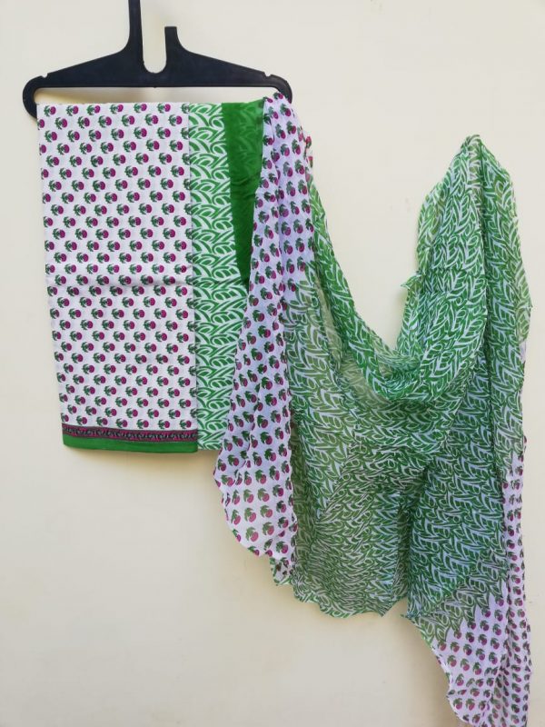 green and white pigment print Chiffon dupatta cotton salwar suit set