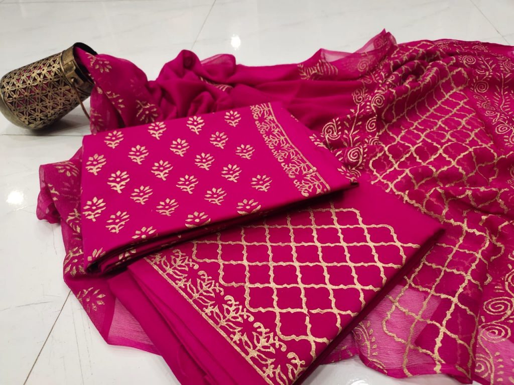 Raspberry chiffon dupatta suit with salwar kameez set