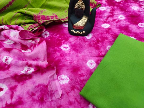 Pink and green pigment print mulmul dupatta suit set