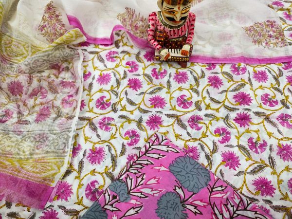 pink and white floral print pure Cotton suit With kota doria dupatta