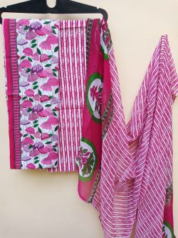 Pink bagru print Chiffon dupatta pure cotton salwar suit set