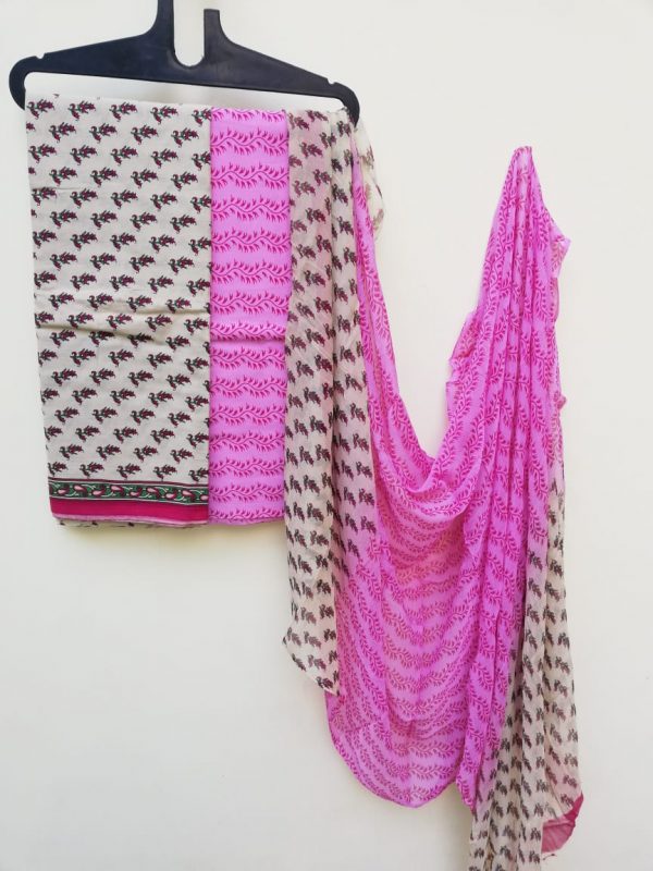 Pink pigment print Chiffon dupatta pure cotton salwar suit set