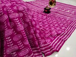 Magenta bagru print Pure cotton mulmul saree with blouse