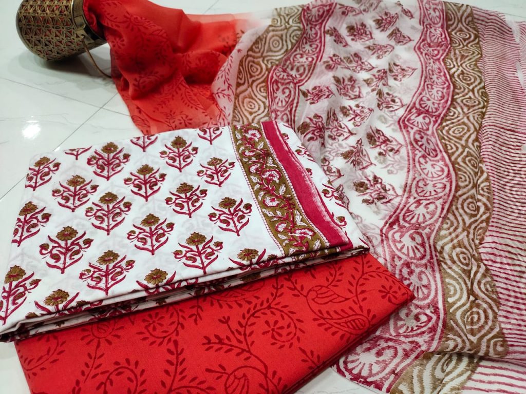 Red crimson and white floral print chiffon dupatta suit with salwar kameez set