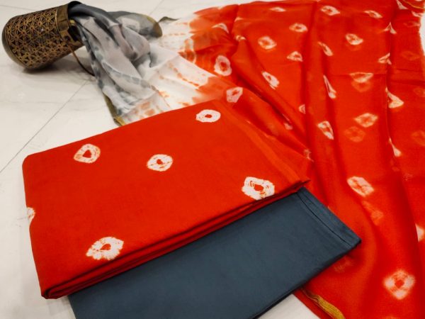 Red crimson and gray pigment print zari border suit set