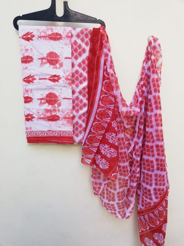 Red and white Chiffon dupatta cotton salwar suit set