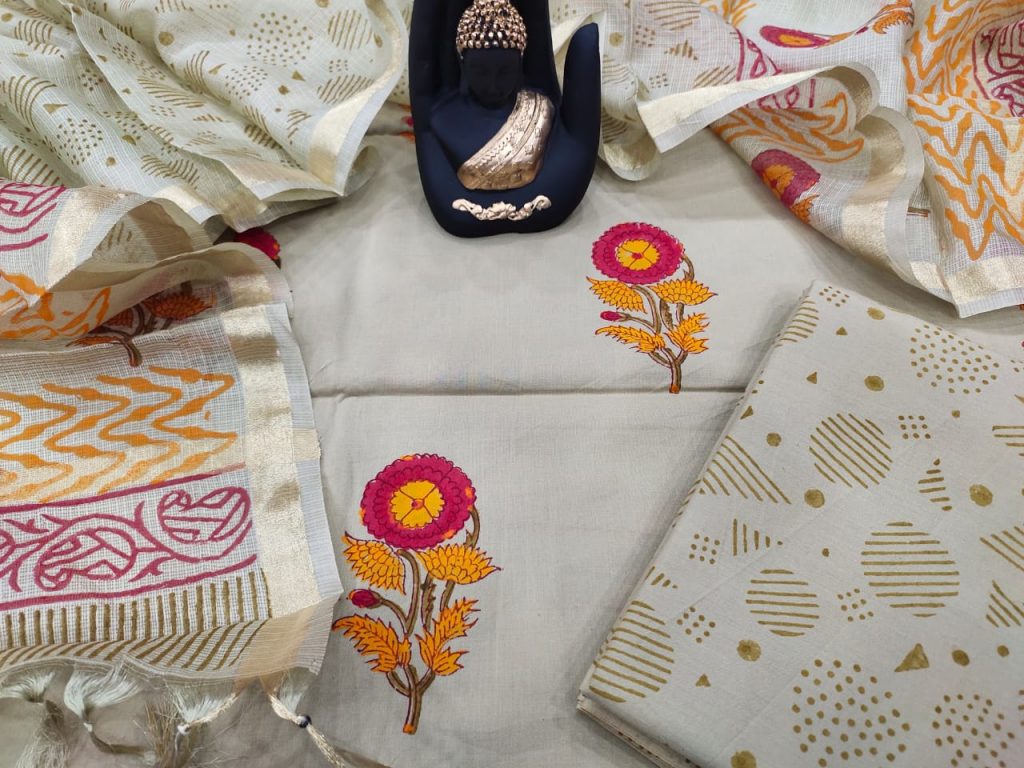 floral mugal print Cotton suit with kota silk dupatta set