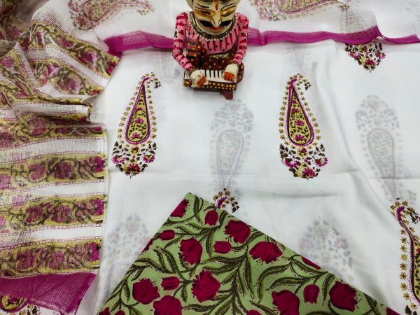 White floral print Cotton suit with kota doria dupatta set