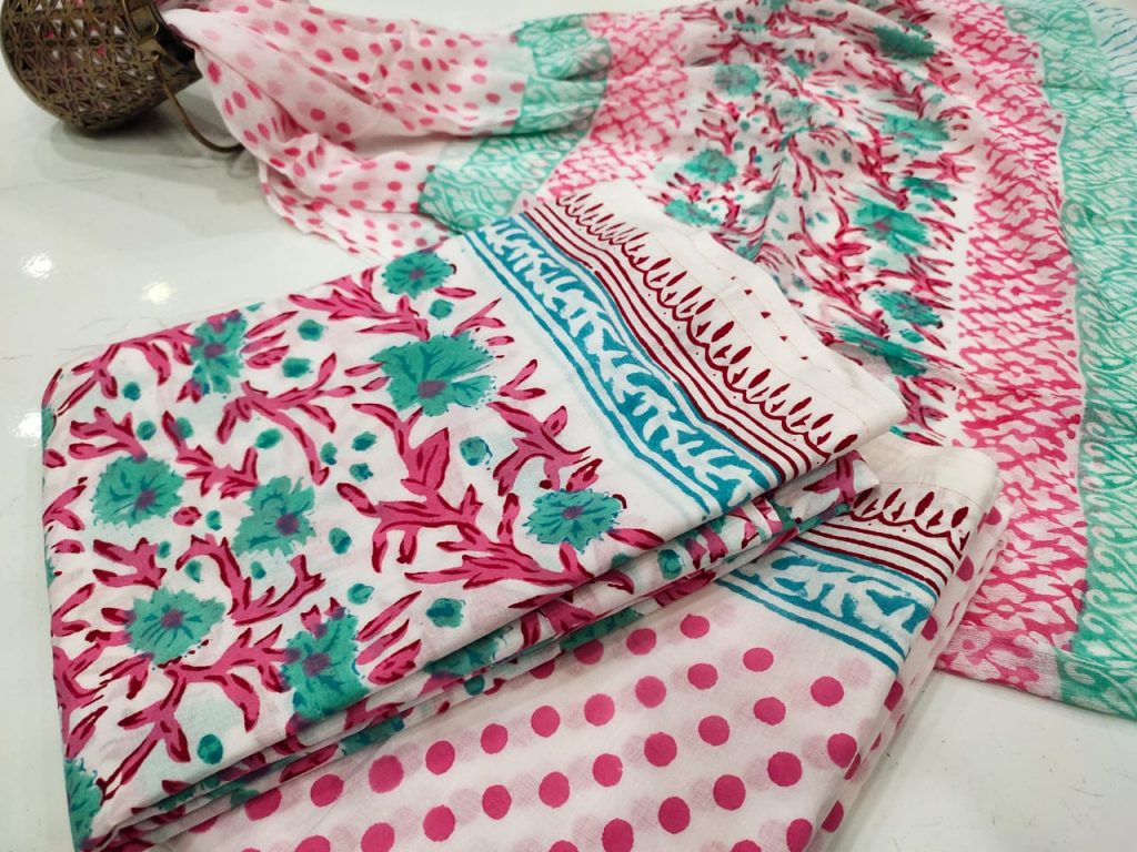 White and pink floral print cotton salwar kameez with chiffon dupatta