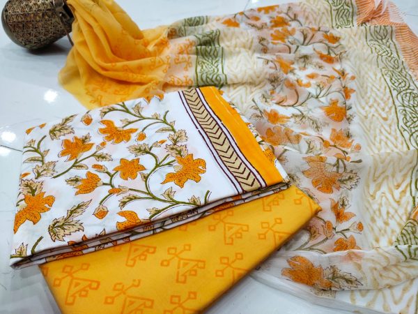 Natural yellow and white pure cottton suit set with chiffon dupatta