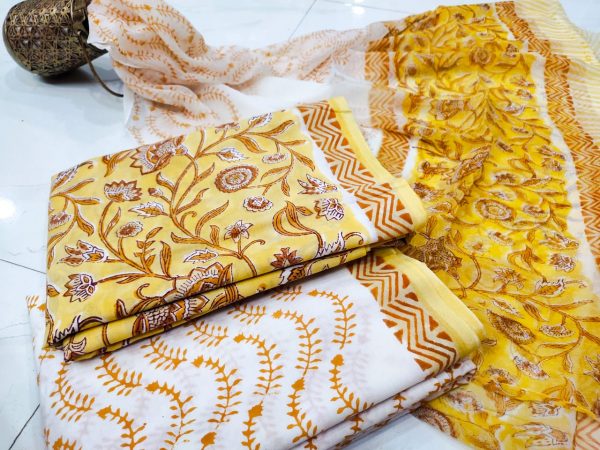 Exclusive Yellow and white pure cottton suit set with chiffon dupatta