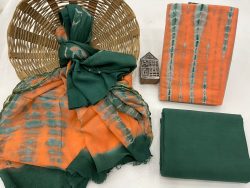 Medium Emerald and Orange zari border cotton suit Chiffon dupatta