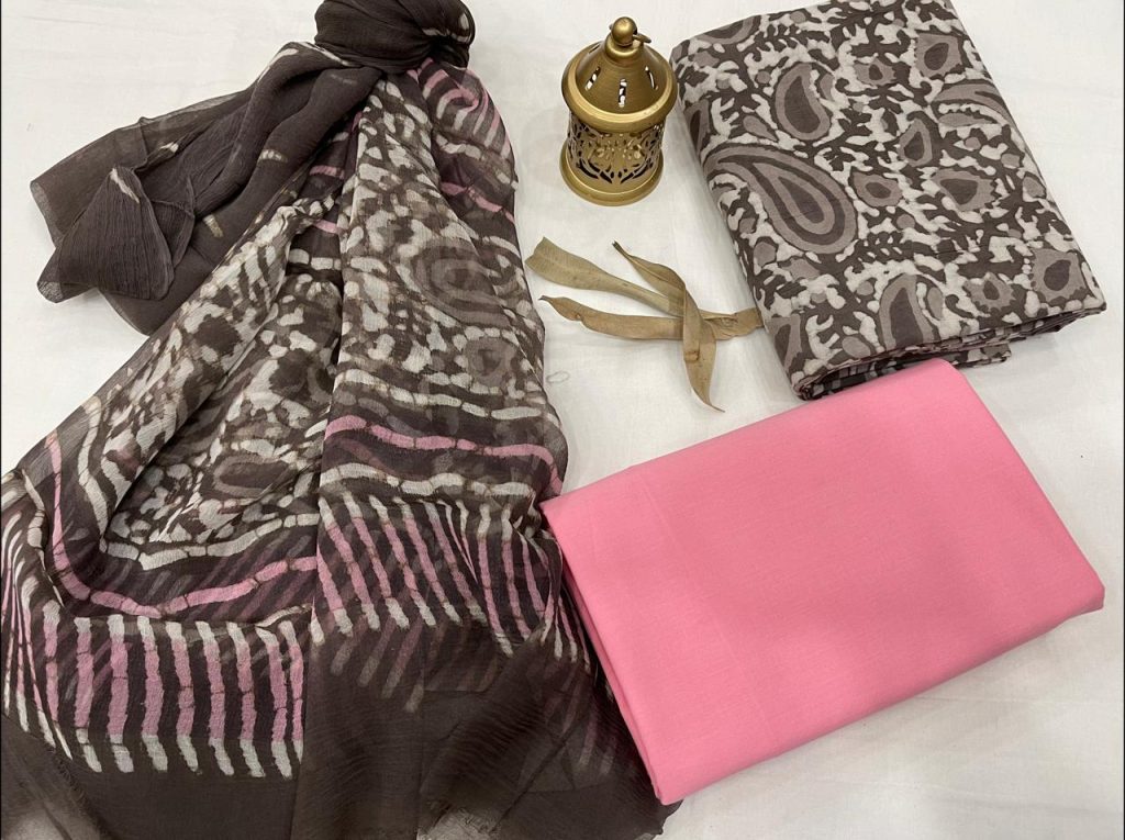 Taupe Gary and Pink cotton suits with chiffon dupatta