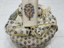 White mugal print zari border cotton chudidhar set