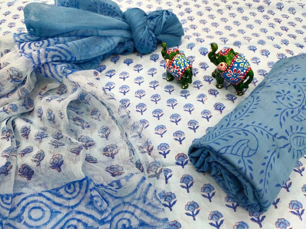 Natural Blue floral print pure cotton chudidar set
