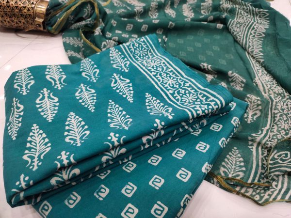 Deep Jungle Green pigment print zari border cotton chudidhar set