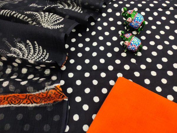 Orange and black pigment print cotton suit with kota doria dupatta set