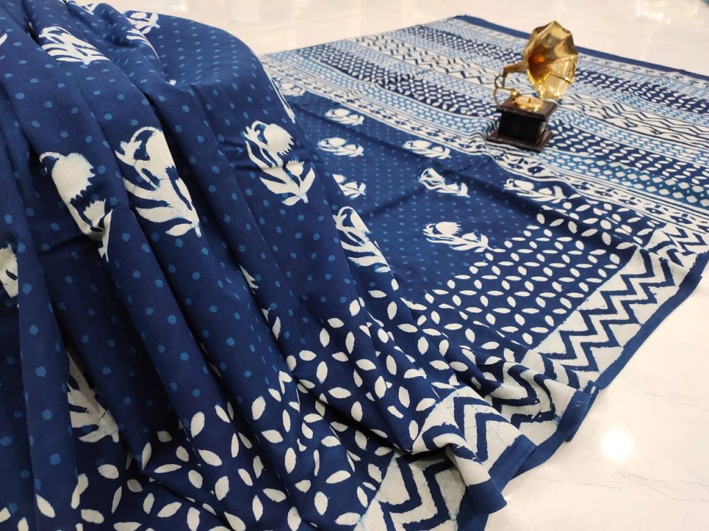 Traditional navy blue pure cotton saree