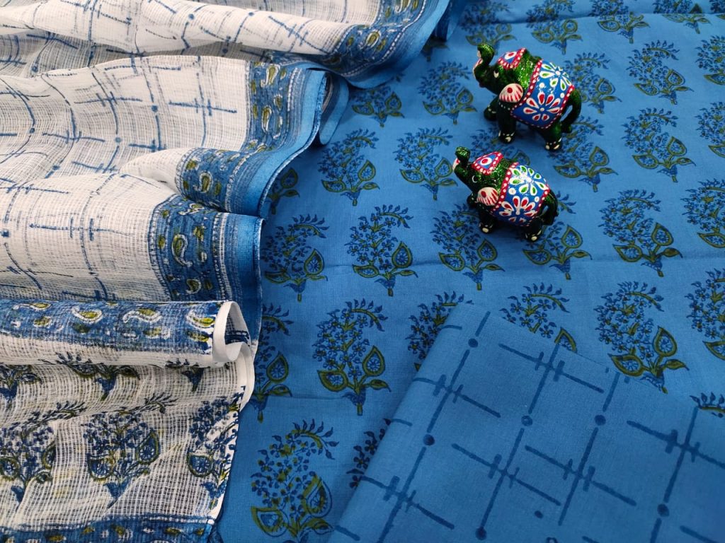 Blue and white Floral print cotton suit with kota doria dupatta set