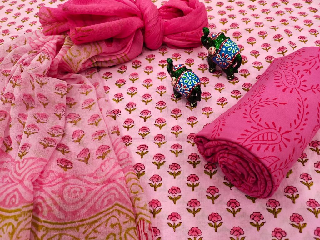 Pink floral print chiffon chunni cotton salwar kameez