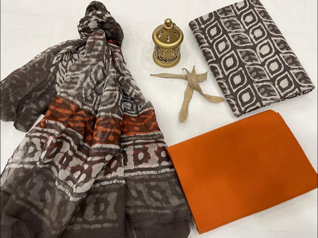 Taupe gray and Deep Carrot Orange cotton printed dress material with chiffon dupatta