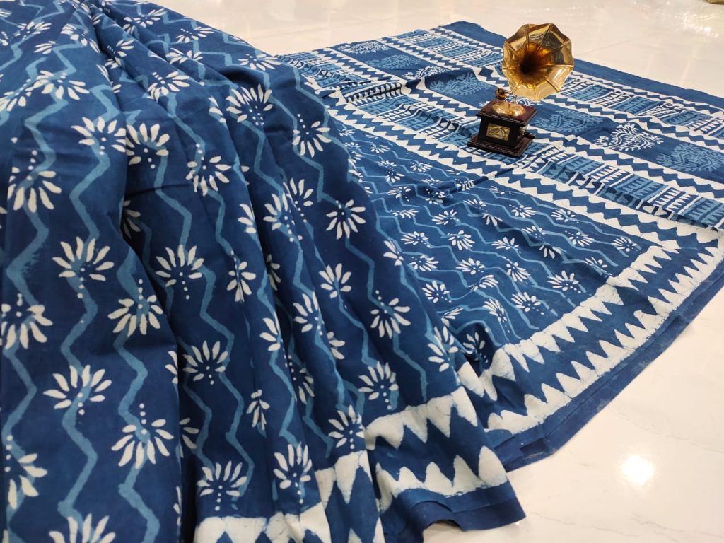 blue floral print Cotton saree with blouse