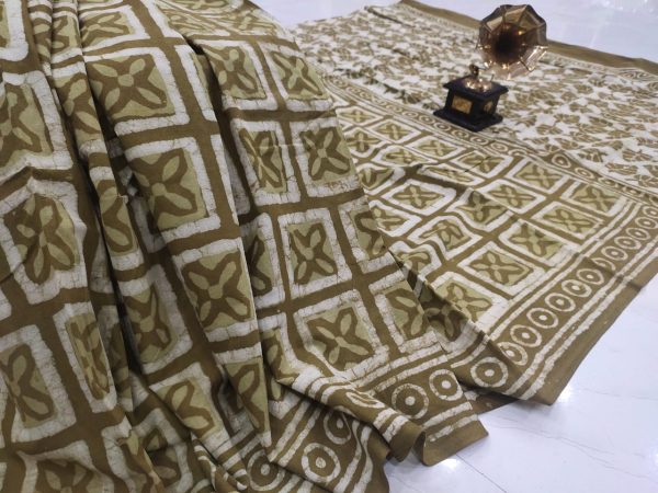 Olive bagru print Cotton saree with blouse