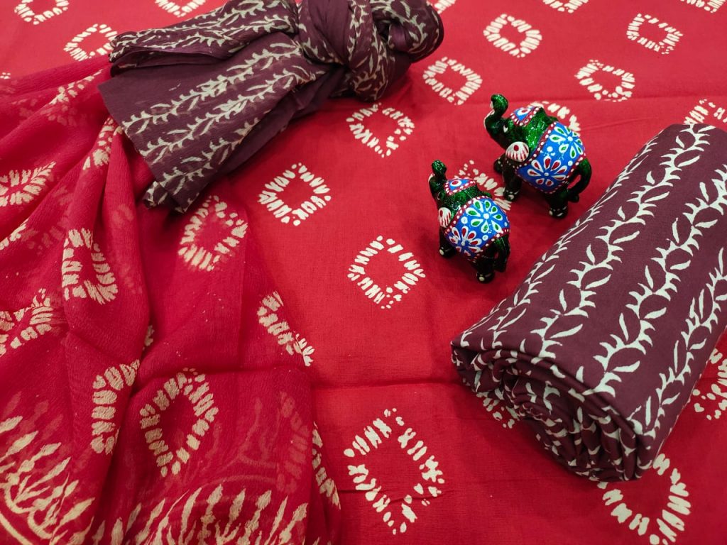 Crimson cotton salwar kameez set with chiffon dupatta