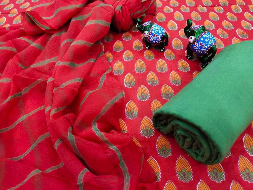 Crimson pigment print cotton salwar suit set with chiffon chunni
