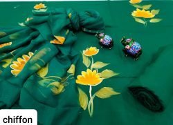 Dark Spring Green Hand painted cotton suit with chiffon dupatta set