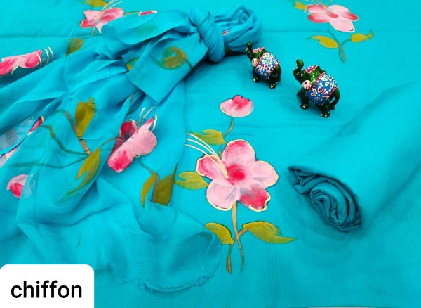 Azure Hand painted floral print cotton suit with chiffon dupatta set