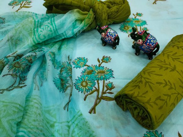 Cyan and green floral print cotton suit with chiffon dupatta set