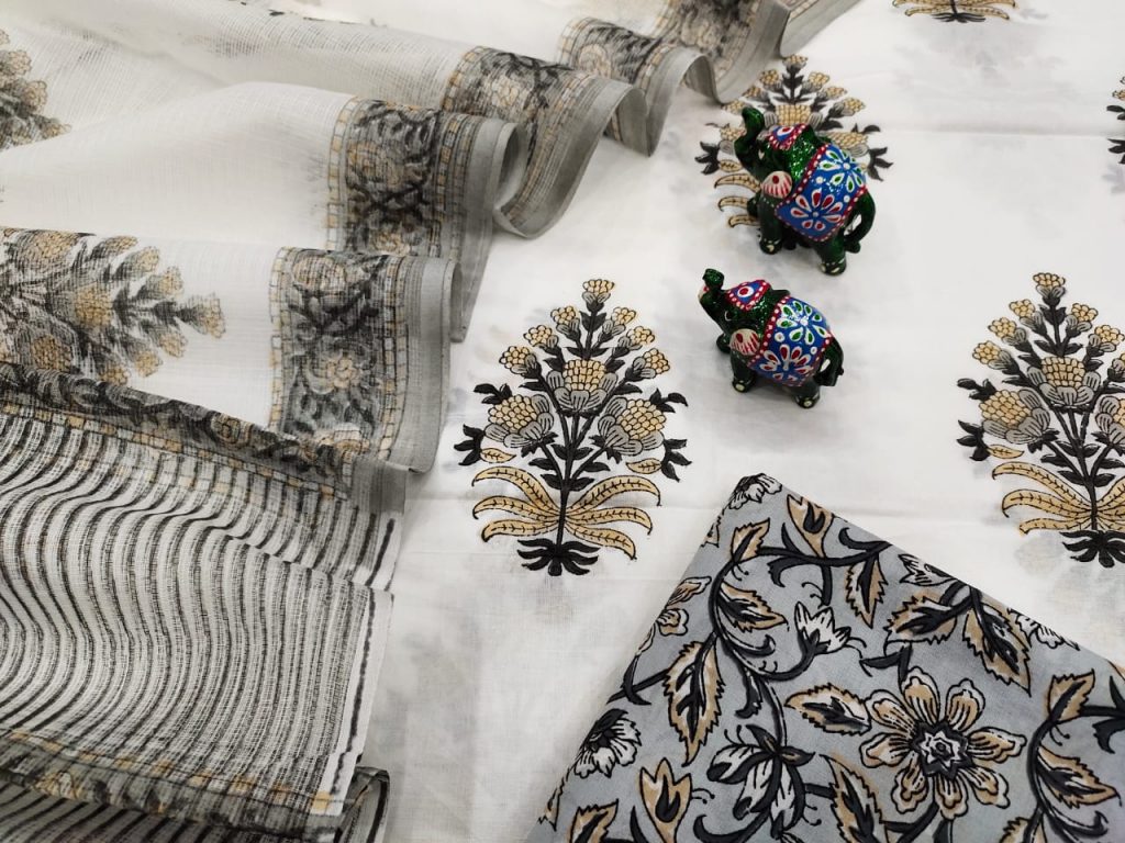 White floral mugal print cotton suit with kota doria dupatta set