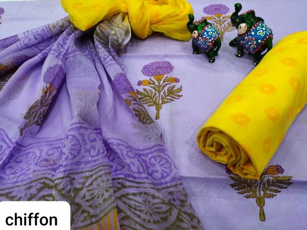 Amethyst and yellow cotton salwar kameez set with chiffon dupatta