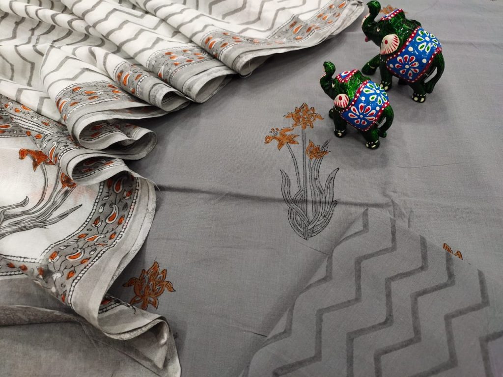 Beautiful Gray and White floral print pure mulmul dupatta suit set
