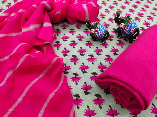 Magenta rose floral print cotton suit with chiffon dupatta set