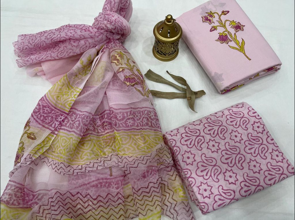 Pink floral print cotton suit pure Chiffon dupatta
