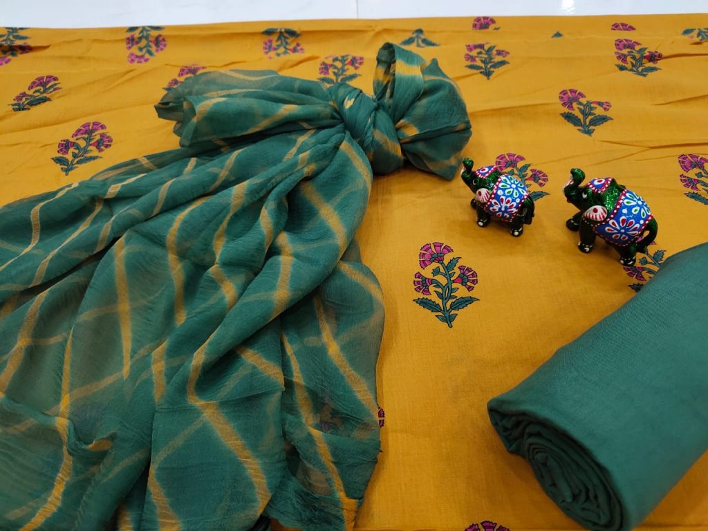 Amber and green cotton suit with chiffon dupatta set
